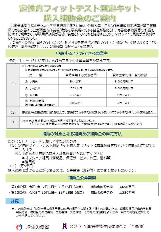 （中小企業事業者向け）定性的フィットテスト測定キット購入補助金のご案内