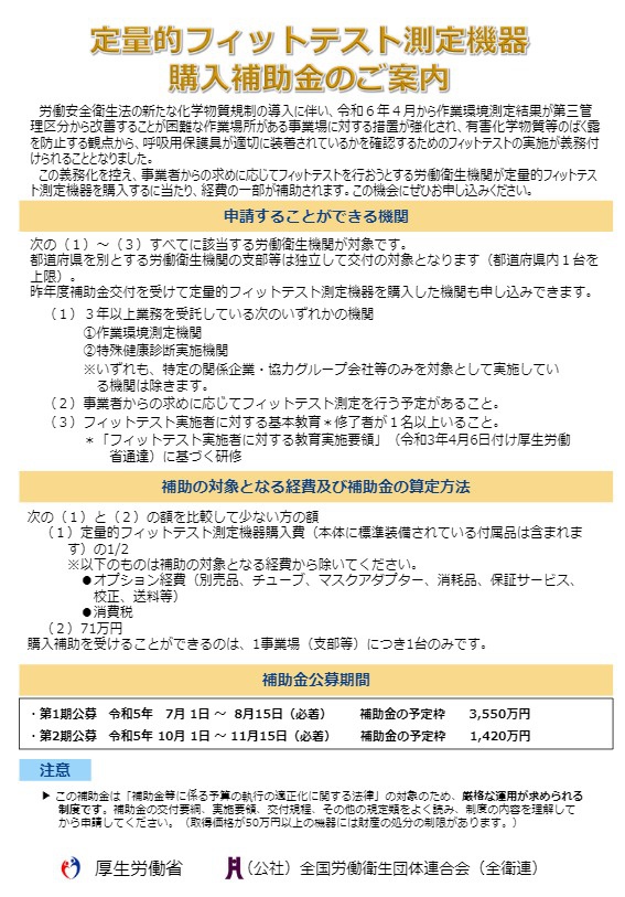 （労働衛生機関向け）定量的フィットテスト測定機器購入補助金のご案内