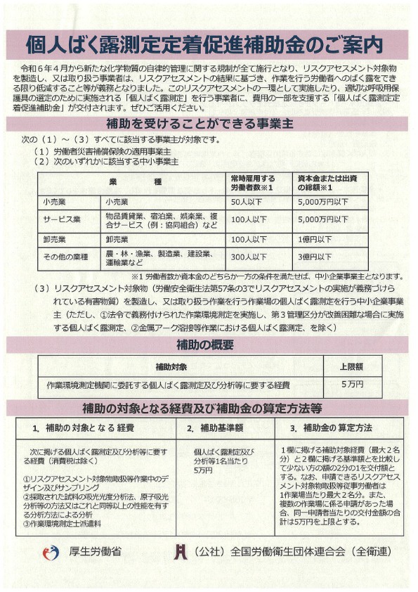 「個人ばく露測定定着促進補助金」のご案内